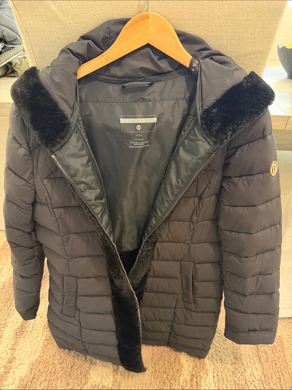 Bernardo Black Quilted Hooded Puffer with Faux Fur Trim